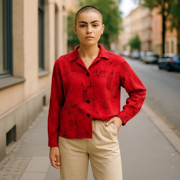 Chico’s M Silk-Linen Western Shirt Red Art Print Button-Up Blouse - Picture 2 of 8
